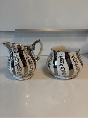 Vintage Sadler Silver and White Floral Striped Creamer and Sugar Set